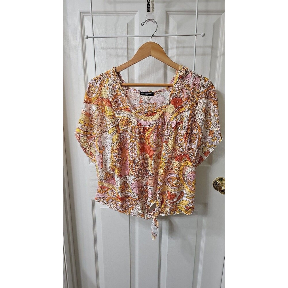 cha cha vente Paisley Floral Lace Front Tie Short Sleeve Blouse Size Large